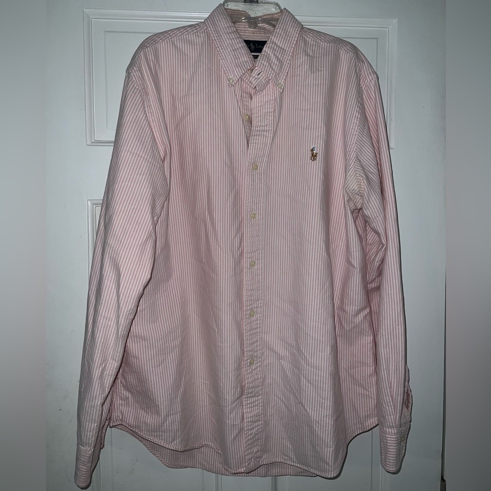 Pink and white striped Polo button down shirt size large